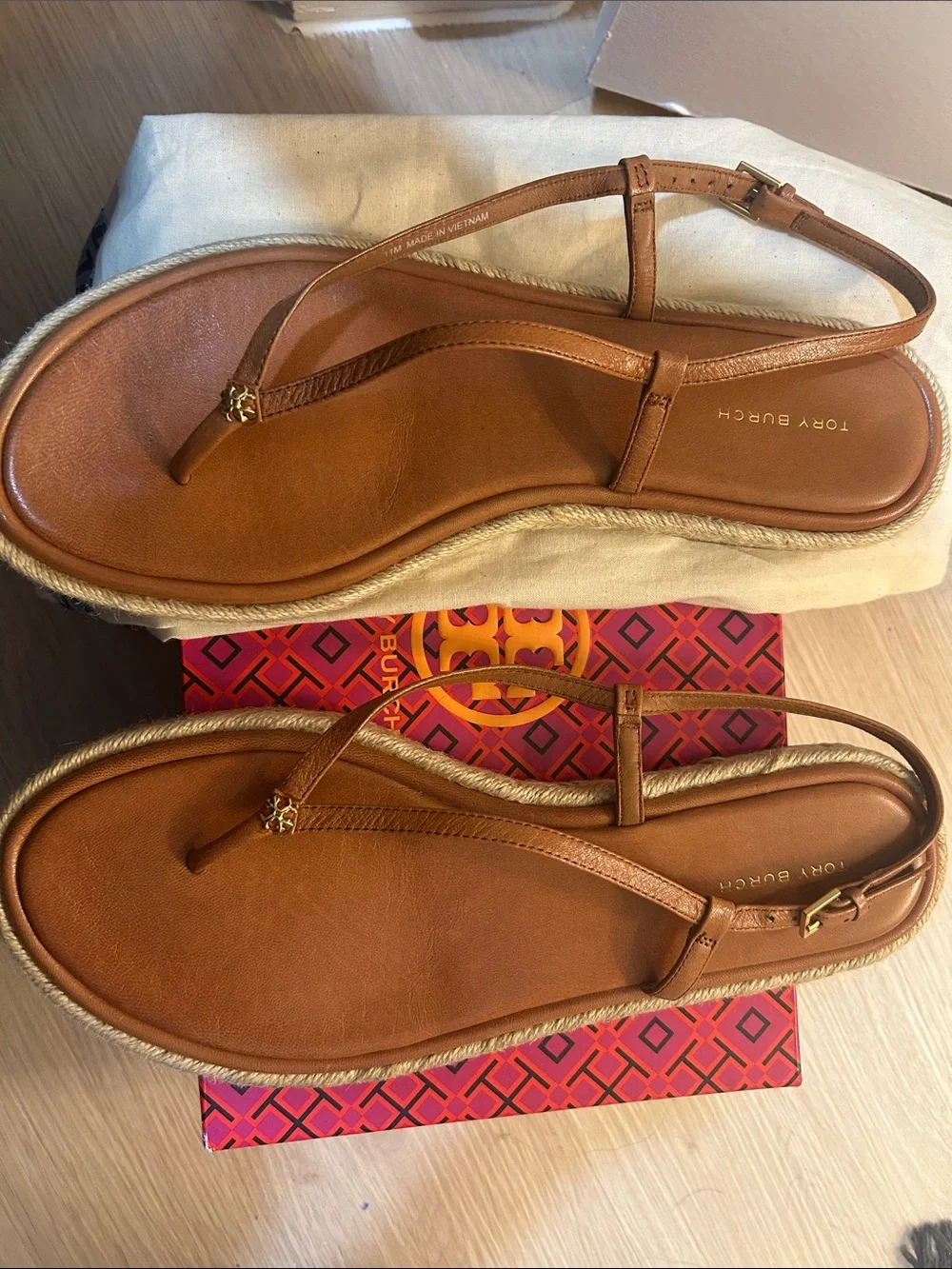 Tory Burch Cognac Leather T-Strap Espadrille Sandals